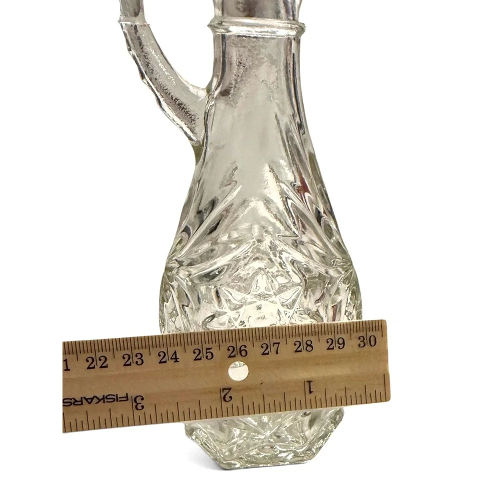 Vintage Clear Pressed Glass Starburst Diamond Cruet Bottle with Handle 6.25
